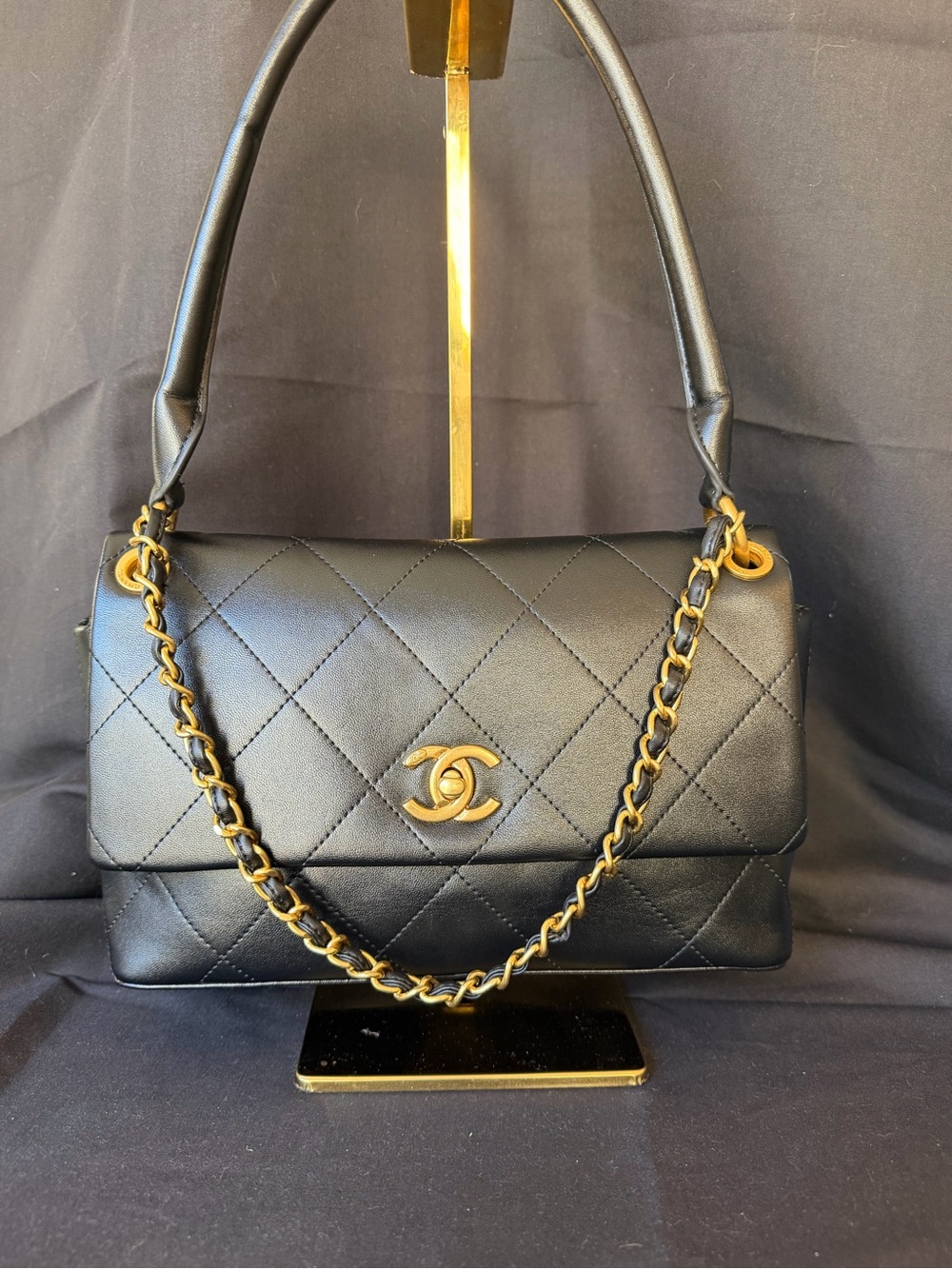 Designer Inspired Quilted Leather Shoulder Bag in Black with Gold Hardware